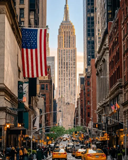 Grattacieli di New York con la bandiera americana